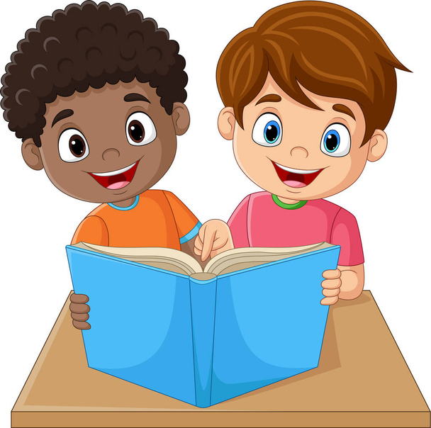 Illustrazione vettoriale di bambini felici che leggono un libro - Vettoriali, immagini