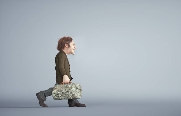Man carries a suitcase of rock.  Stuck at job and burden concept.  This is a 3d render illustration - Photo, Image