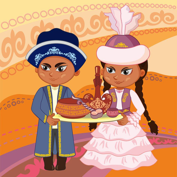 Vektorová ilustrace. Krásný mladý muž a žena v kazašském národním kostýmu na Nowruz a svatební pozadí - Vektor, obrázek