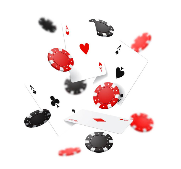Volar cartas de póquer y fichas, juego de apuestas de casino. Pote realista del gato del vector 3d, cayendo piezas redondas rojas y negras. Gran ganar apuestas de casino en línea, Internet gamble o vegas club jugando recreación - Vector, imagen