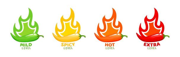 Kruidige niveau etiketten met vuur vlammen van paprika 's, milde, medium en extra hete vector symbolen. Kruidige smaak van voedsel niveau of schaal pictogrammen met brandende vlam van chili peper, jalapeno of Tabasco saus - Vector, afbeelding