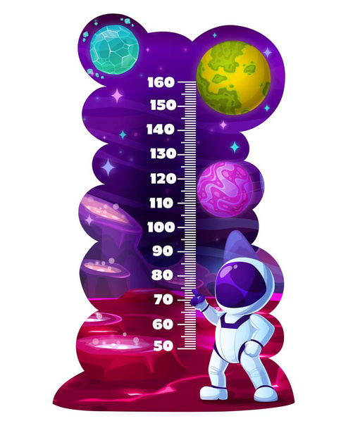 Cartoon planètes galaxie et astronaute vecteur enfants diagramme de hauteur ou de croissance mètre. Règle de stadiomètre pour enfants avec fond d'espace, homme de l'espace mignon, étoiles et cratères, autocollant de mur d'échelle de mesure de croissance - Vecteur, image