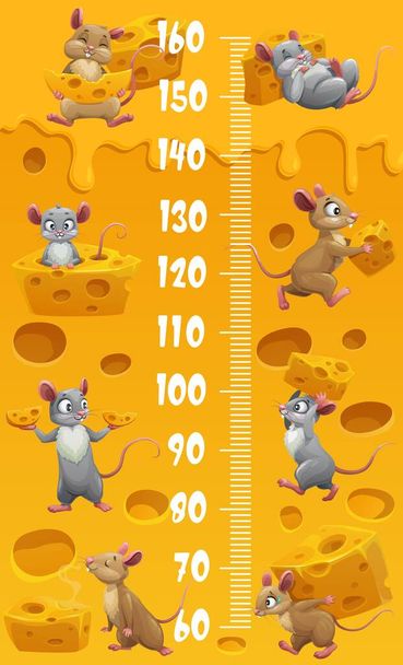 Sarjakuva hiiret ja hiiret persoonallisuuksia juustolla. Lasten pituuskaavio. Lapsen kasvu senttimetriä mittakaavassa tausta tai lasten vektorin korkeus kaavio, lasten kasvua tarra hauskoja hiiriä, Sveitsin juusto kappaletta - Vektori, kuva