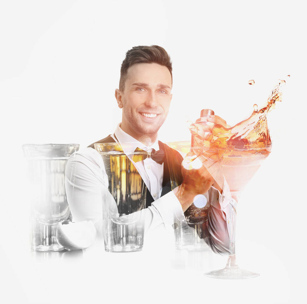 Collage with handsome male bartender and drinks on white background - Foto, afbeelding