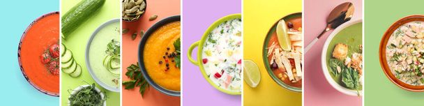 Collezione di gustose zuppe in ciotole su sfondo colorato, vista dall'alto - Foto, immagini
