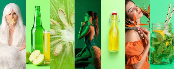Коллаж сексуальных молодых женщин, сочная лайм и вкусные напитки газировки на зеленом фоне - Фото, изображение