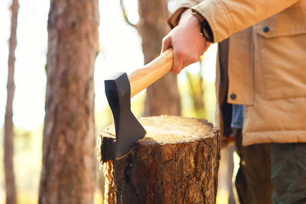 Male tourist chopping wood in forest, closeup - Foto, Imagem