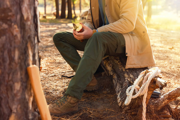 Male tourist cutting apple in forest - Zdjęcie, obraz