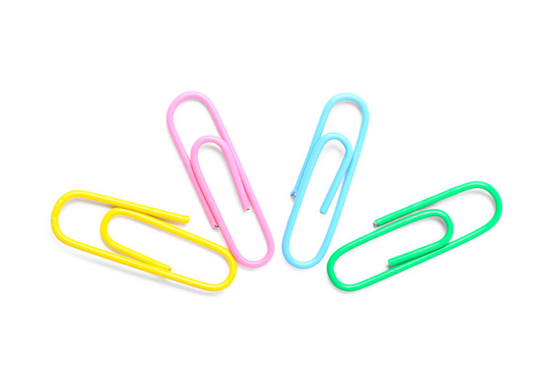 Colorful paper clips on white background, top view - Photo, Image