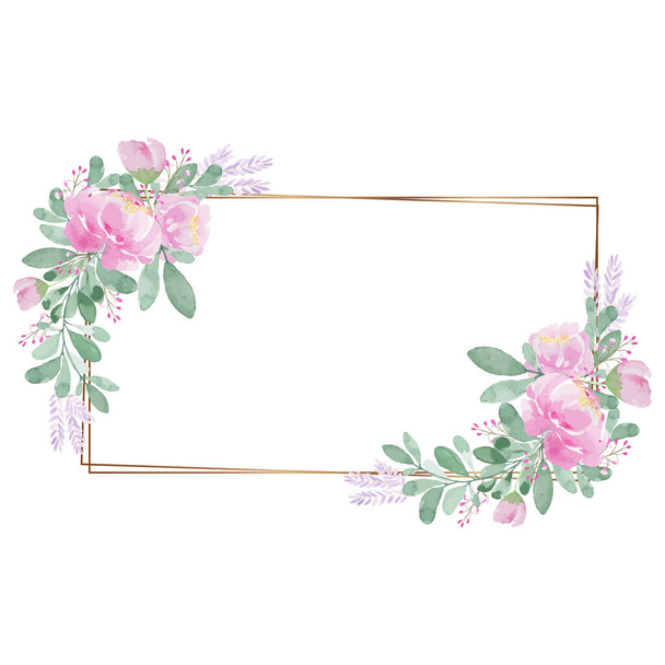 Pink flower watercolor flower frame - illustration hand draw watercolor frame greeting card concept - Fotoğraf, Görsel