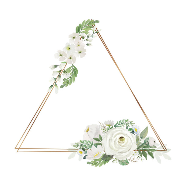 Vintage white roses bouquet painting watercolor with polygon wire frames illustration vector - Φωτογραφία, εικόνα