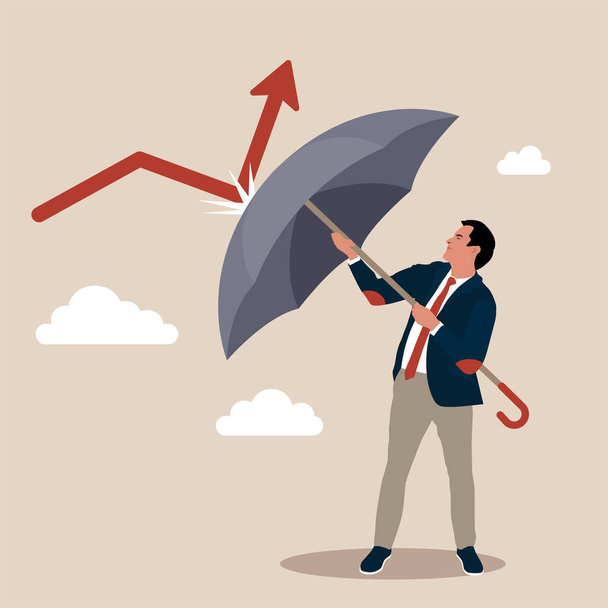 Economic recovery from crisis, business protection or stock market bounce back from recession concept, smart confidence businessman holding strong umbrella to recover red arrow economic graph - Vector, Image