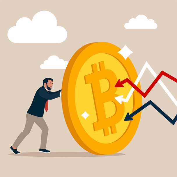 Businessman investor hidden behind bitcoin shield. Bitcoin as safe haven of crypto and stock market crash, shield or guard in financial crisis or bubble burst, protect from losing wealth concept. - Vector, Image