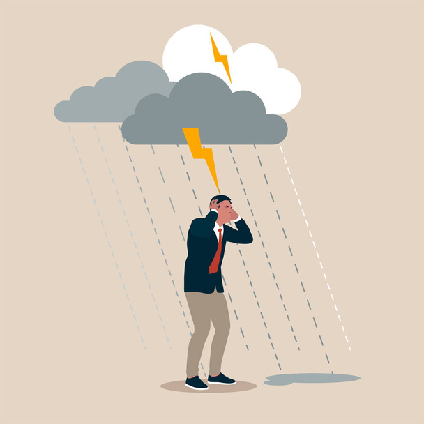 Pessimistinen ja masentunut liikemies seisoo sateen alla, kun negatiiviset ajatukset seisovat hänen päänsä päällä kuin myrskypilvi. Liikemies kärsii ahdistuksesta ja päänsärystä. Käsite emotionaalinen kriisi - Vektori, kuva