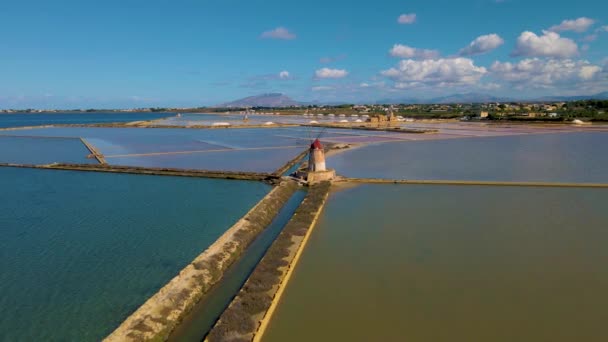Natural reserve of the Saline dello Stagnone, near Marsala and Trapani, Sicily.,Aerial picture of Trapani salt evaporation ponds and salt mounds  - Footage, Video