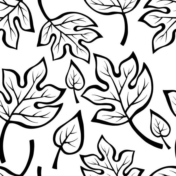 Floral seamless pattern with flowers and leaves in hand drawn sketch style. Line art. Ink drawing. Black and white botany elements. Isolated on white. Vector illustration. - Wektor, obraz