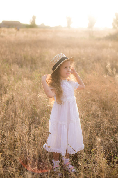 A cute little girl with long blond curly hair in a white summer dress  in a field in the countryside in summer at sunset. Nature and Ecolife - Фото, изображение