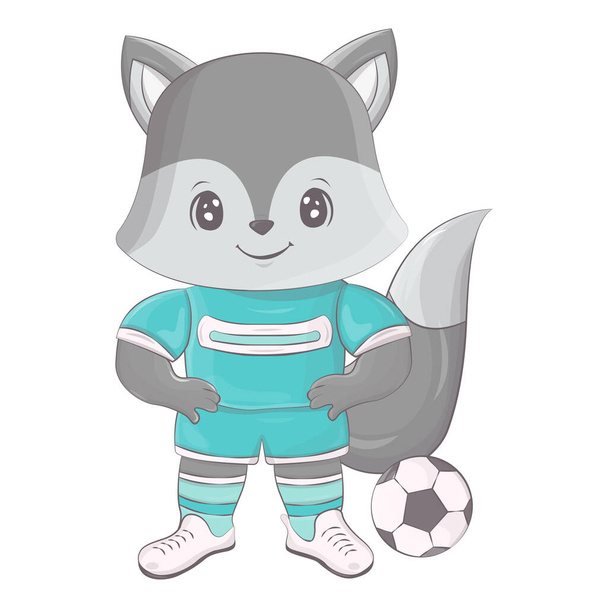 Wolf playing football. Vector illustration of a cute athlete animal. Cute little illustration of wolf for kids, baby book, fairy tales, covers, baby shower invitation, textile t-shirt. - Vector, Image