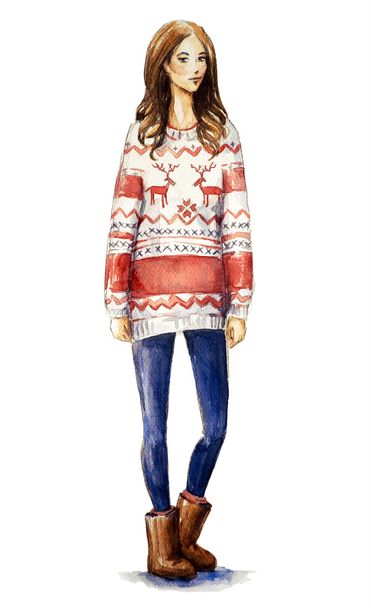 Акварельная иллюстрация девушки в рождественском свитере. Рождественский взгляд, модная иллюстрация
. - Фото, изображение