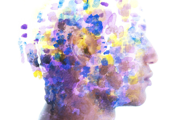 Paintography. Colorful paint splatters combined with a portrait of a man - Foto, imagen