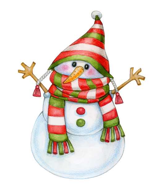 Cute snowman cartoon, isolated on white. Watercolor illustration. - Foto, afbeelding