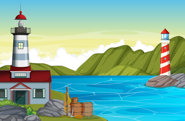 Lighthouse on the coast scene illustration - Vetor, Imagem