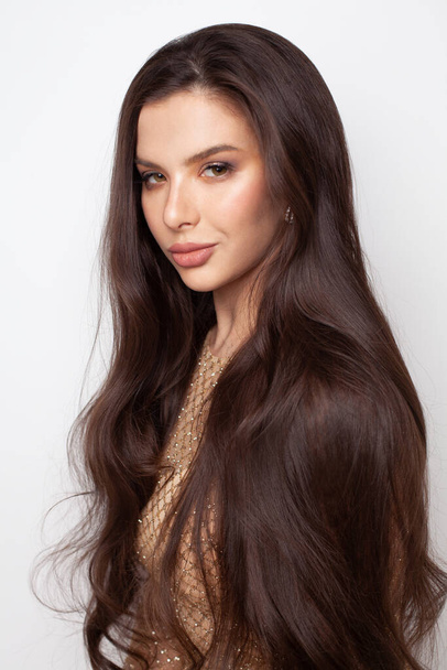 Closeup portrait of beautiful glamorous woman with long dark shiny hair on white background - Photo, Image