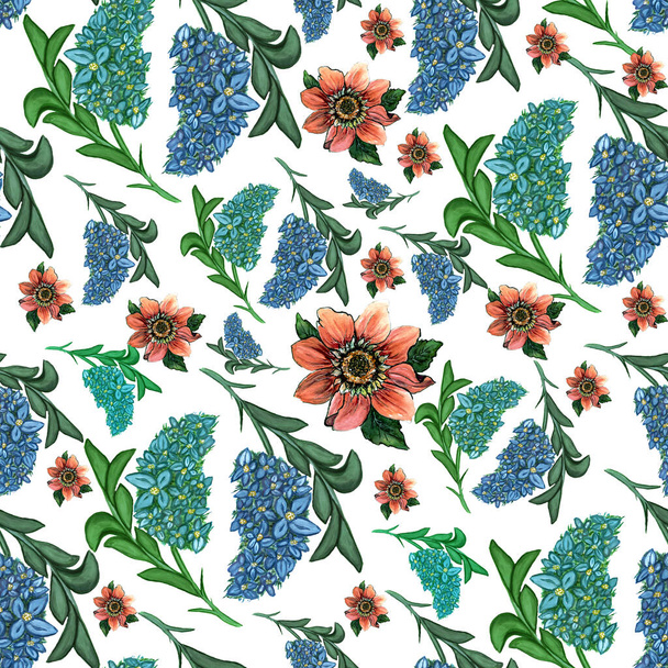 Seamless summer pattern with watercolor blue,pink flowers and leaves handmade.Isolated on white background.Design for wedding invitation, fabric, packaging, textile, cover, postcard, paper, greeting - Φωτογραφία, εικόνα