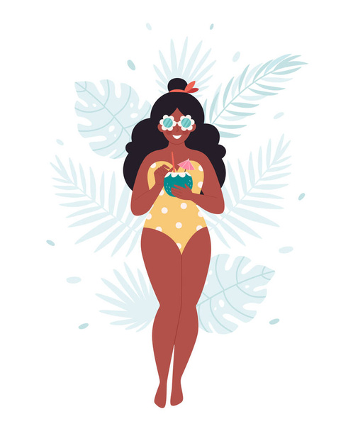 Black woman with summer cocktail. Hello summer, vacation, summertime, summer party. Woman in retro swimsuit and retro glasses. Vector illustration - Vector, Image