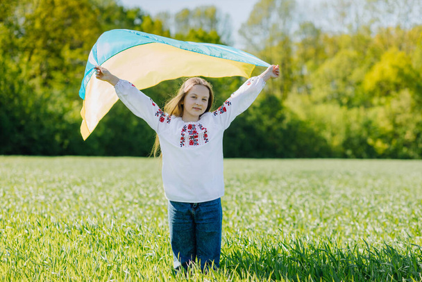 Happy smiling Ukrainian girl in an embroidered shirt with a yellow and blue flag in a field on a background of forest. Independence Day of Ukraine. Day of the State Flag of Ukraine. High quality photo - Fotoğraf, Görsel