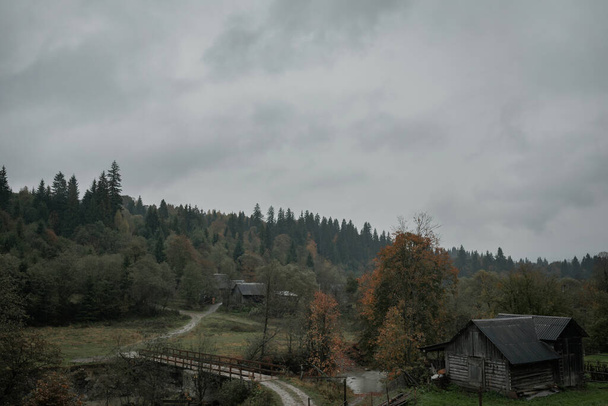 Ukrán falu az erdőben. Vidéki út és régi faház. Felhős, esős az ég. Őszi táj. - Fotó, kép