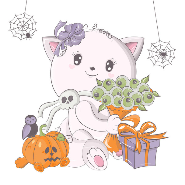 Halloween macska illusztráció sütőtökkel. Vektor illusztrációja Halloween állat. Aranyos kis illusztráció Halloween macska gyerekeknek, mesék, borítók, babaköszöntő, textiling, babakönyv. - Vektor, kép