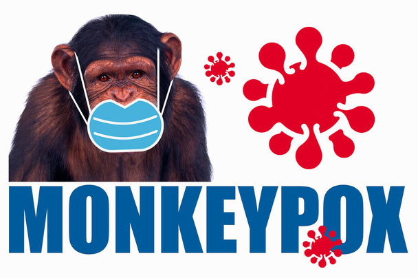 New cases of monkeypox virus infection have been reported in the UK and the US. Monkeypox is spreading in Europe. This causes skin infections. Monkeypox lettering, masked monkey and virus sign on whit - Photo, Image