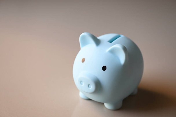 Piggy τράπεζα στο φόντο του δαπέδου, μπλε κουμπαρά εξοικονόμηση χρημάτων για την εκπαίδευση μελέτη ή επένδυση έννοια - Φωτογραφία, εικόνα