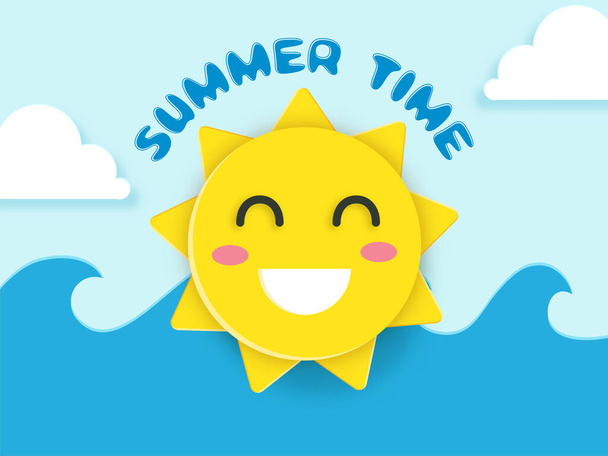 Summer Time Font With Paper Cut Cheerful Sun Emoji, Clouds And Water Wave On Blue Background. - Vetor, Imagem