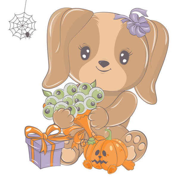 Halloween dog illustration with pumpkin. Vector illustration of Halloween animal. Cute little illustration Halloween puppy for kids, fairy tales, covers, baby shower, textile t-shirt, baby book. - Vector, Image
