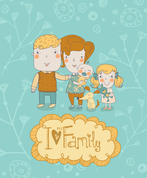 Gelukkige familie. Concept familie achtergrond. Zachte kaart met moeder, vader, dochter en zoon en hond in vector met tekst ik hou van mijn familie - Vector, afbeelding