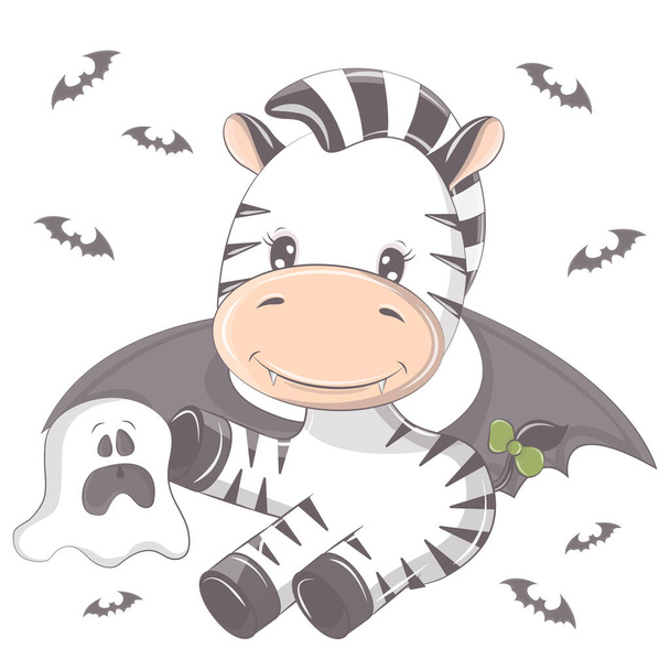 Halloween zebra egy szellemmel. Vektor illusztrációja Halloween állat. Aranyos kis illusztráció Halloween zebra gyerekeknek, mesék, borítók, babaköszöntő, textil póló, babakönyv. - Vektor, kép