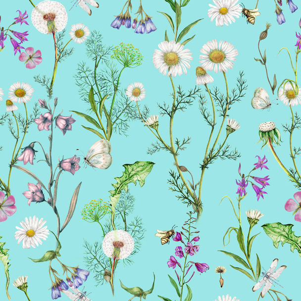 Repeat pattern of hand drawn garden wildflowers - Φωτογραφία, εικόνα