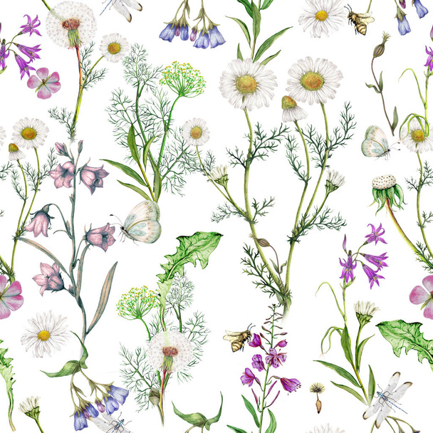 Repeat pattern of hand drawn garden wildflowers - Photo, Image