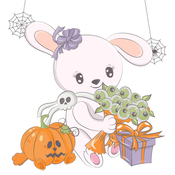Halloween rabbit illustration with pumpkin. Vector illustration of Halloween animal. Cute little illustration Halloween bunny for kids, fairy tales, covers, baby shower, textile t-shirt, baby book. - Vector, Image