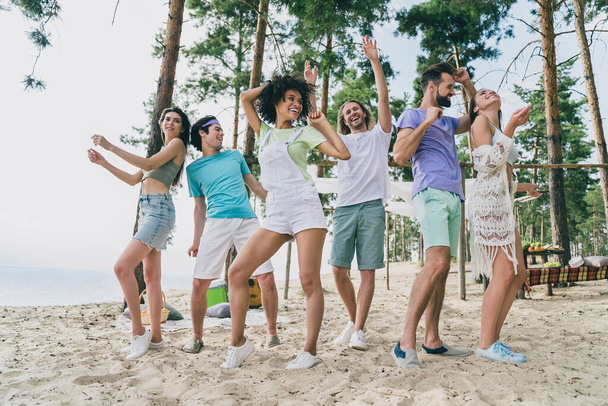 Full length body size view of attractive cheerful friends friendship dancing having fun at bank river open air event picnic outdoors - Photo, Image