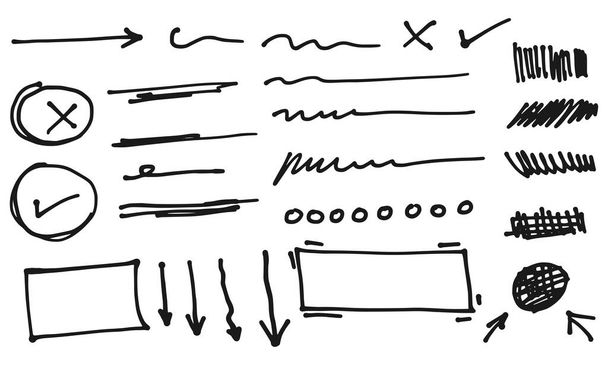 Ručně kreslená kolekce Doodle vektorového konstrukčního prvku. kudrnatý švih, švih, víření, šipka, dělicí čáry, zvýraznění textu a zvýraznění prvku. použití pro návrh koncepce - Vektor, obrázek