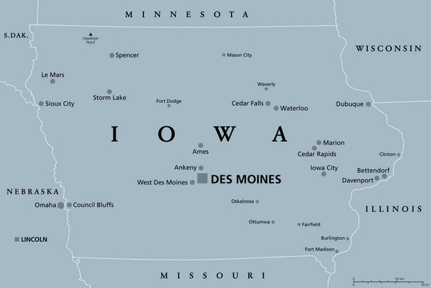 Iowa, IA, mapa político gris, con la capital Des Moines y las ciudades más importantes. State in the Midwestern region of the United States of America, nicknamed The Hawkeye State. Ilustración. Vector. - Vector, Imagen