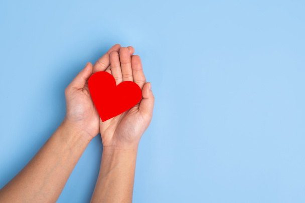 Heart icon. Paper heart in hands on blue background top view space for text.  The concept of Valentine's Day. World heart day - 写真・画像