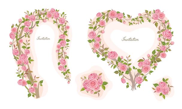 Um conjunto de lindas rosas rosa belas molduras - Vetor, Imagem
