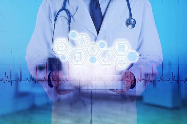 Medical technology concept. Doctor with tablet and illustration of different icons, double exposure - Foto, imagen
