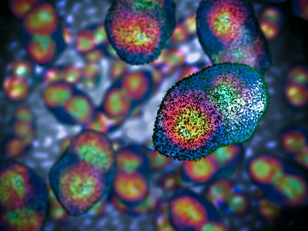 Isorokkovirus mikroskoopin alla. On olemassa monenlaisia isorokkoviruksia, kuten vesirokko, apinarokko, ja isorokko. 3D-renderiini - Valokuva, kuva