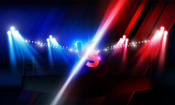 Versus Screen For Fight of sport and game, Battle Or Sport. Бокс ринг арена и прожекторы прожекторов VS яркие огни стадиона - Вектор,изображение