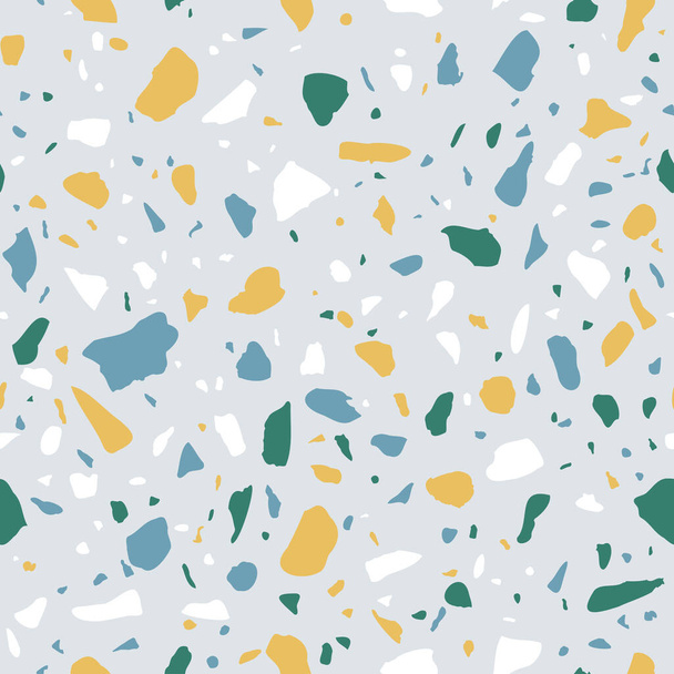 Vector Terrazzo seamless pattern. Abstract italian flooring stone, concrete multicolor small elements texture on blue background. Granite natural textured print for home interior design, fabric. - Vecteur, image